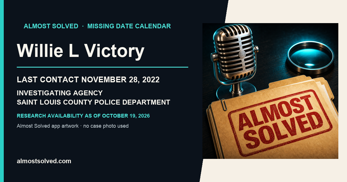 Almost Solved AppIcon beside a NamUs source-based date card for Willie L Victory; last contact november 28, 2022; investigating agency Saint Louis County Police Department. No case photo is shown.