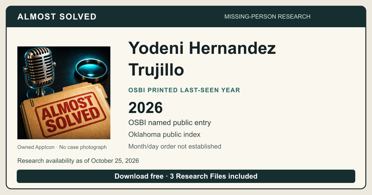 Almost Solved AppIcon beside Yodeni Hernandez Trujillo’s OSBI printed last-seen year 2026. No case photograph.