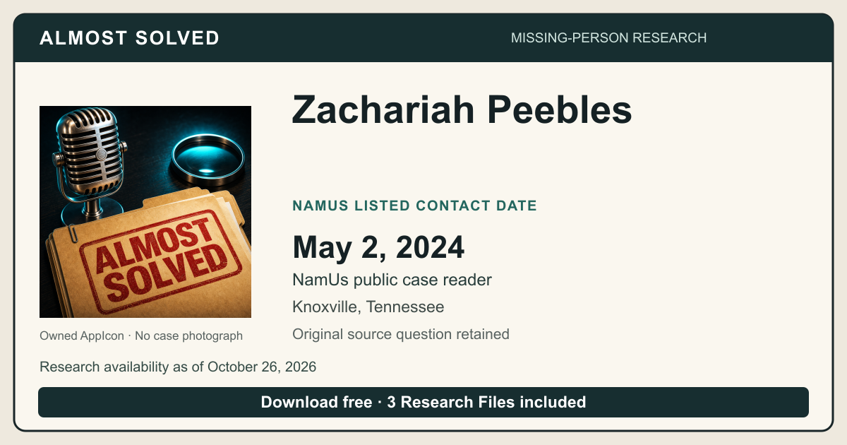 Almost Solved AppIcon beside Zachariah Peebles’s NamUs listed contact date, May 2, 2024. No case photograph.