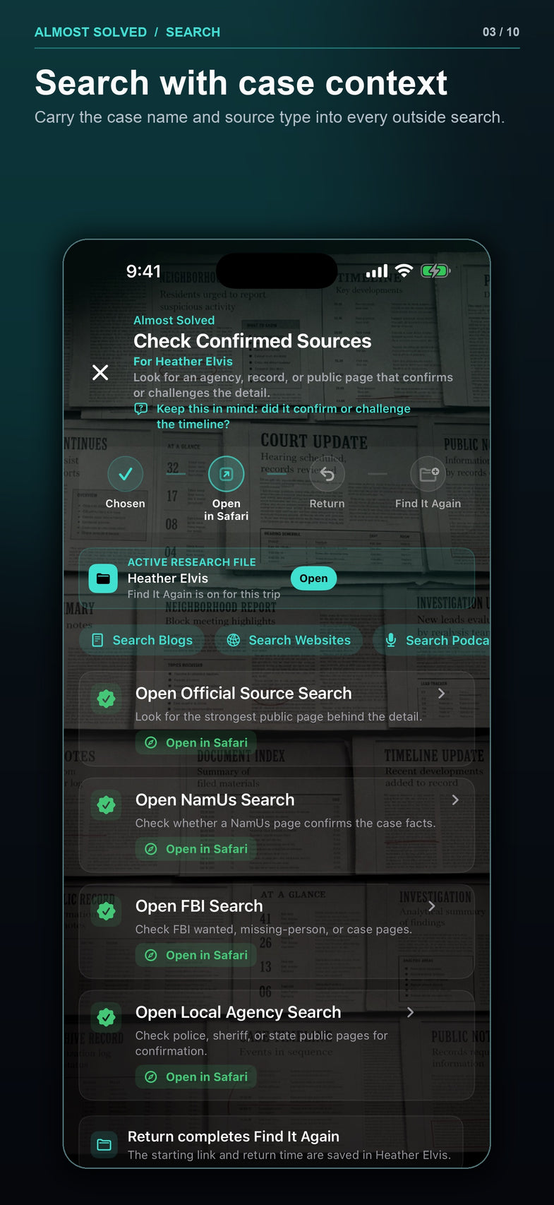 Build 33 screenshot 3 of 10 showing a case-aware research search