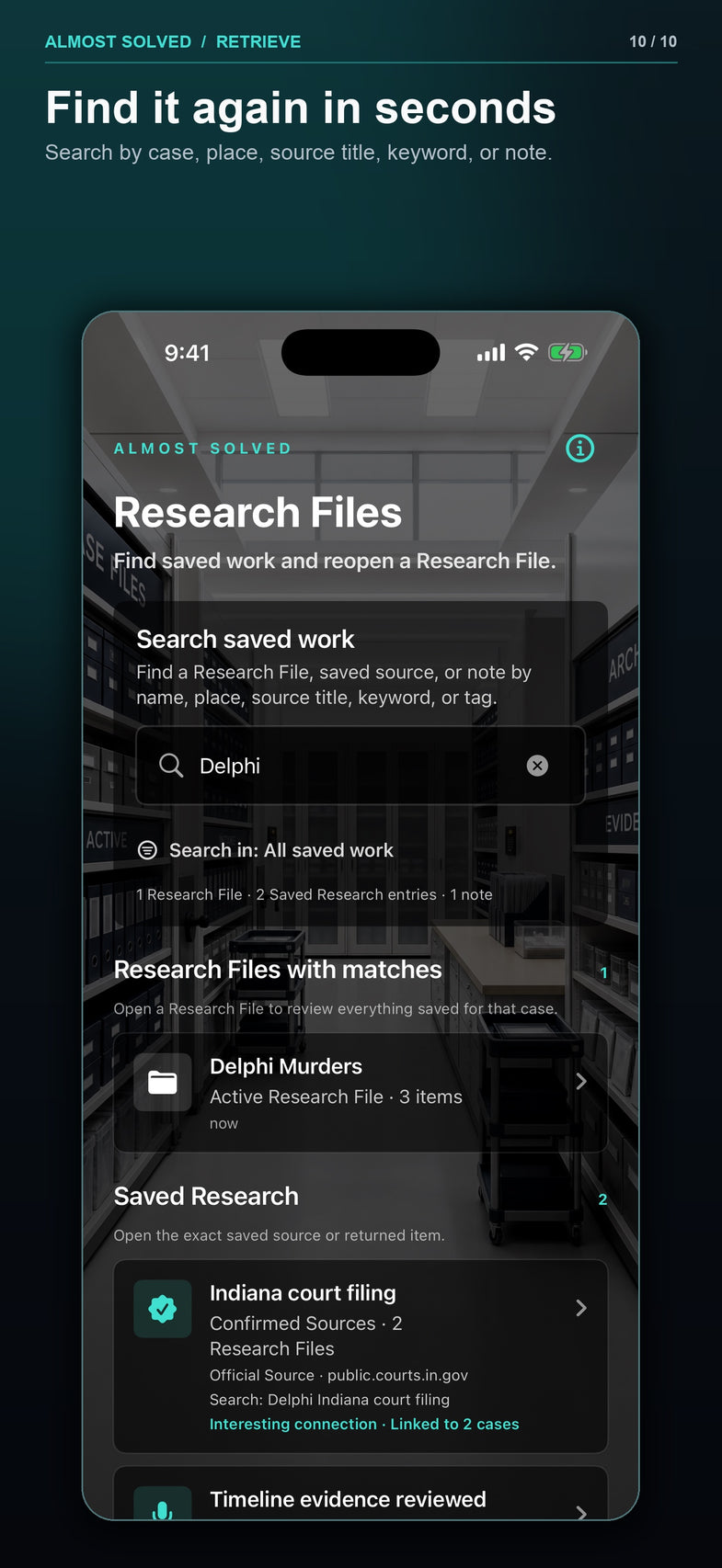 Build 33 screenshot 10 of 10 showing saved research retrieval results