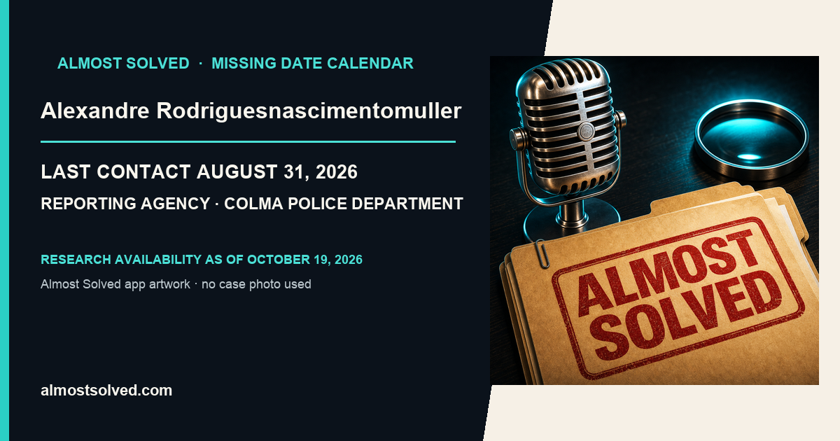 Almost Solved AppIcon artwork beside an official-record card for Alexandre Rodriguesnascimentomuller, last contact august 31, 2026, reporting agency Colma Police Department.
