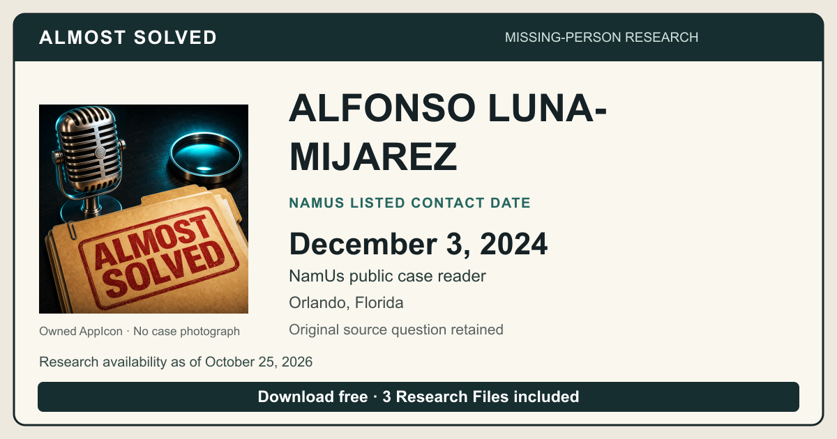 Almost Solved AppIcon beside ALFONSO LUNA-MIJAREZ’s NamUs listed contact date, December 3, 2024. No case photograph.