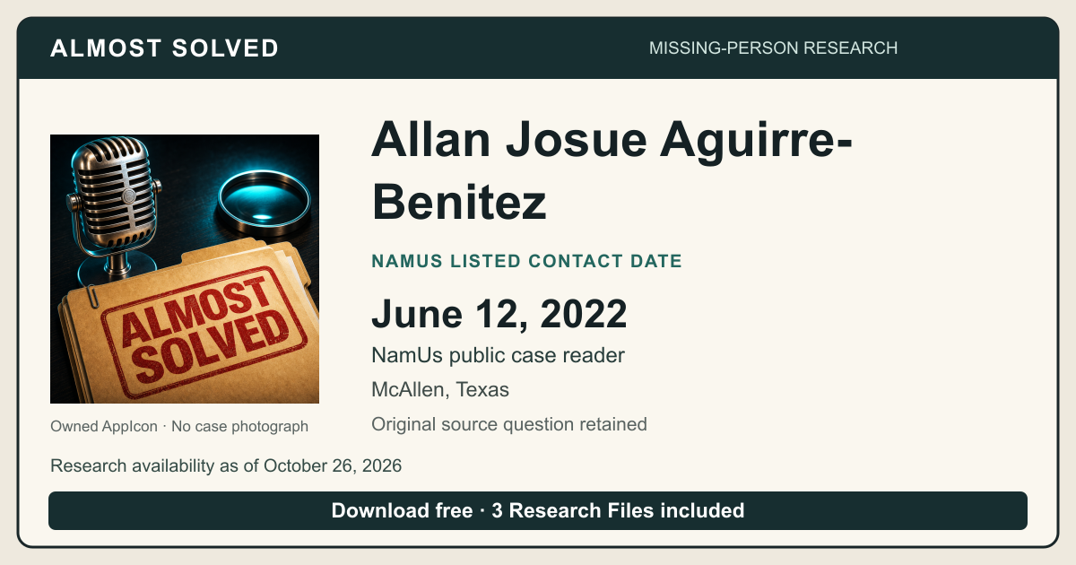 Almost Solved AppIcon beside Allan Josue Aguirre-Benitez’s NamUs listed contact date, June 12, 2022. No case photograph.
