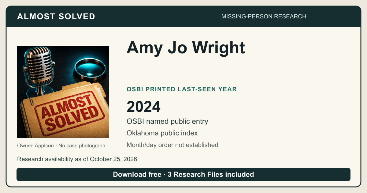 Almost Solved AppIcon beside Amy Jo Wright’s OSBI printed last-seen year 2024. No case photograph.