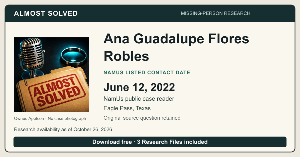 Almost Solved AppIcon beside Ana Guadalupe Flores Robles’s NamUs listed contact date, June 12, 2022. No case photograph.