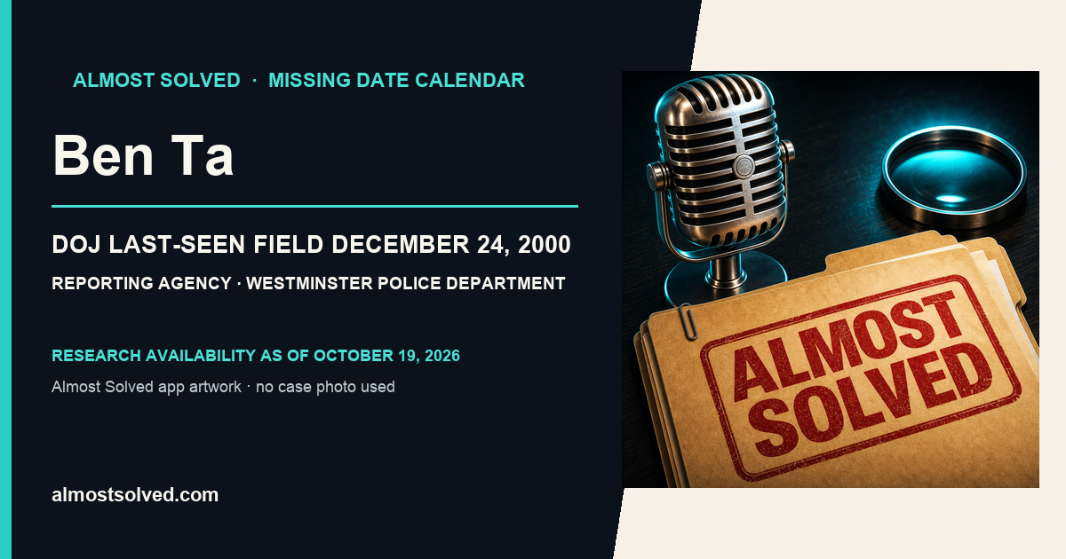 Almost Solved AppIcon artwork beside an official-record card for Ben Ta, doj date last seen field december 24, 2000, reporting agency Westminster Police Department.