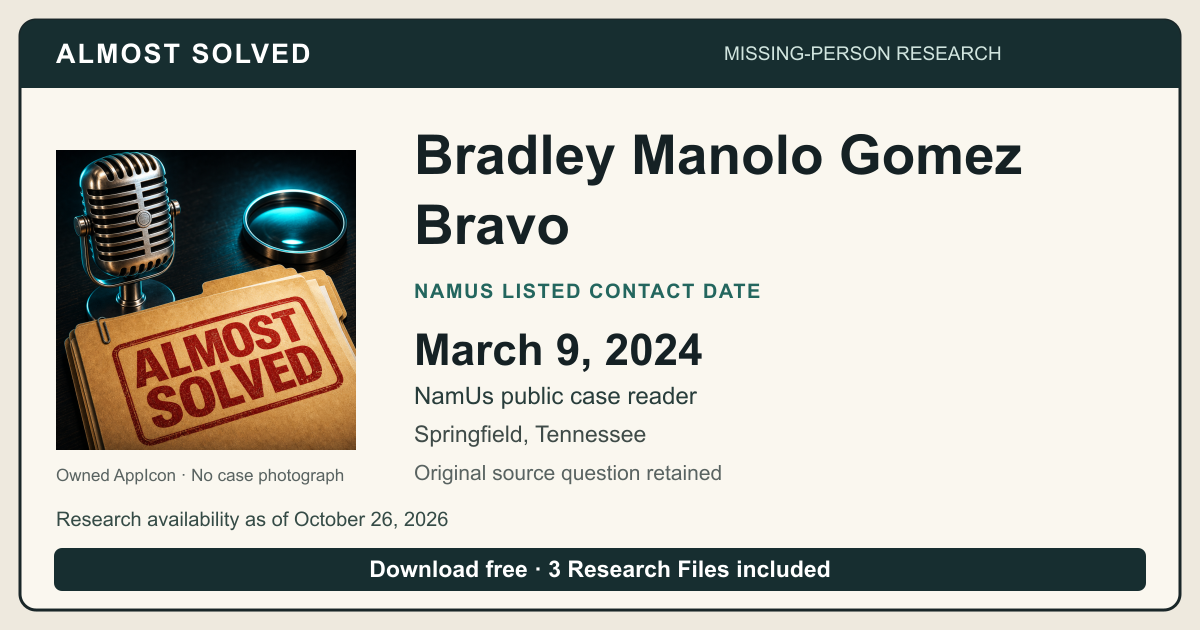 Almost Solved AppIcon beside Bradley Manolo Gomez Bravo’s NamUs listed contact date, March 9, 2024. No case photograph.