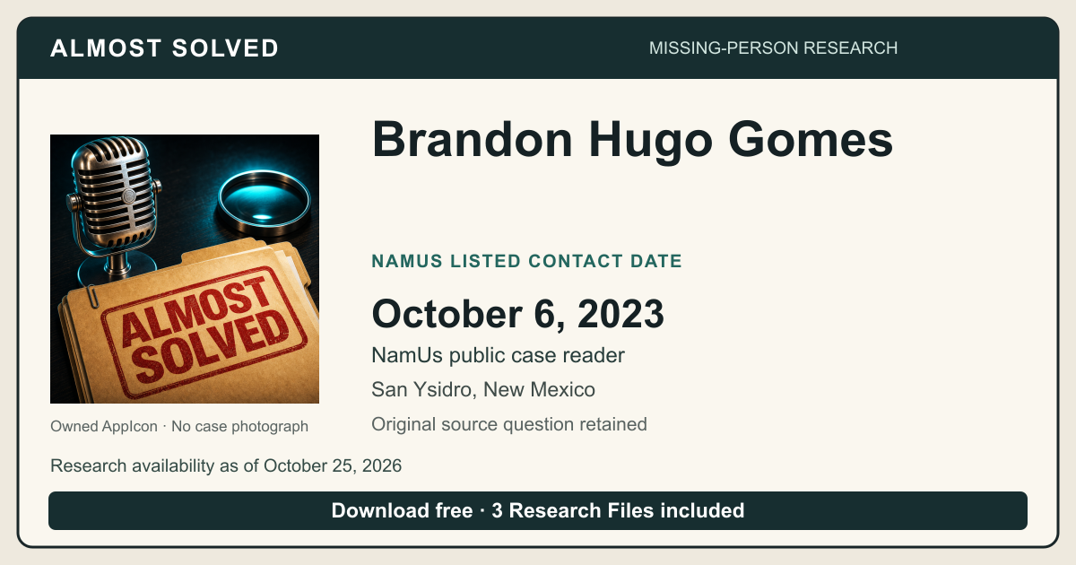 Almost Solved AppIcon beside Brandon Hugo Gomes’s NamUs listed contact date, October 6, 2023. No case photograph.