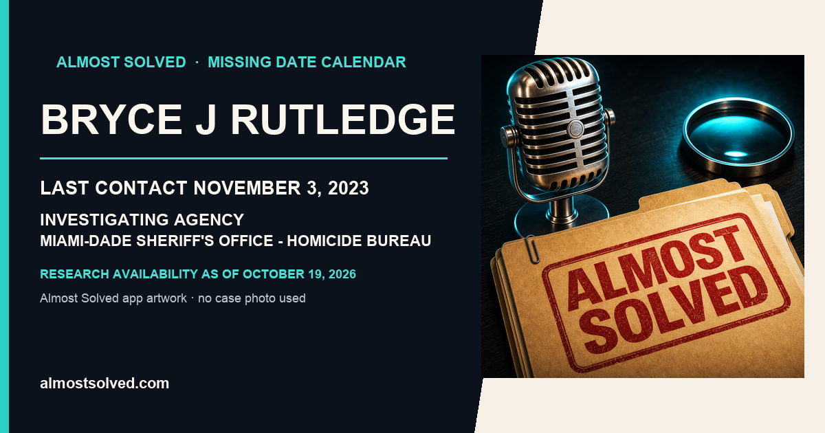 Almost Solved AppIcon beside a NamUs source-based date card for BRYCE J RUTLEDGE; last contact november 3, 2023; investigating agency Miami-Dade Sheriff's Office - Homicide Bureau. No case photo is shown.
