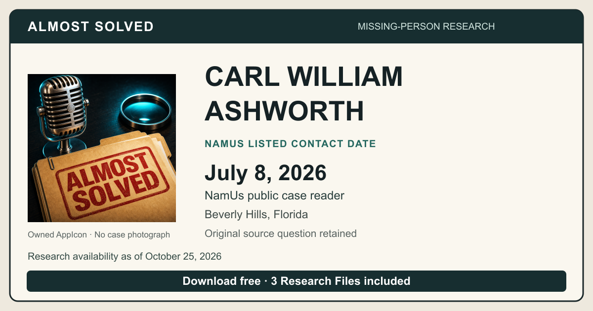 Almost Solved AppIcon beside CARL WILLIAM ASHWORTH’s NamUs listed contact date, July 8, 2026. No case photograph.