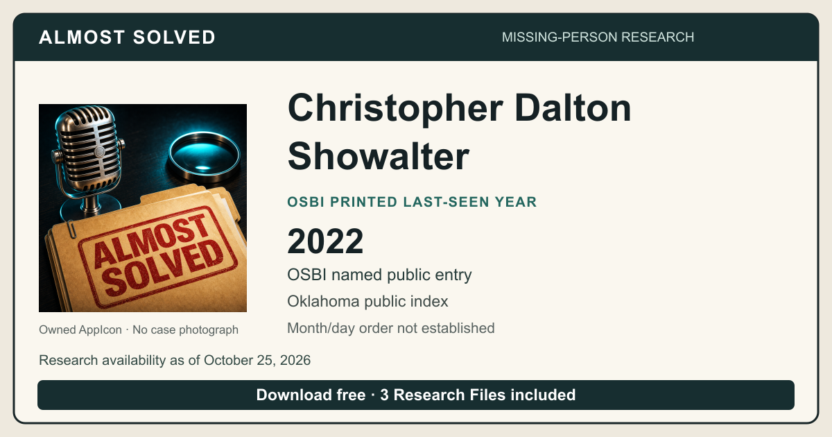 Almost Solved AppIcon beside Christopher Dalton Showalter’s OSBI printed last-seen year 2022. No case photograph.