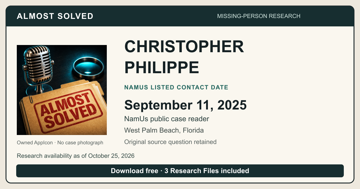 Almost Solved AppIcon beside CHRISTOPHER PHILIPPE’s NamUs listed contact date, September 11, 2025. No case photograph.