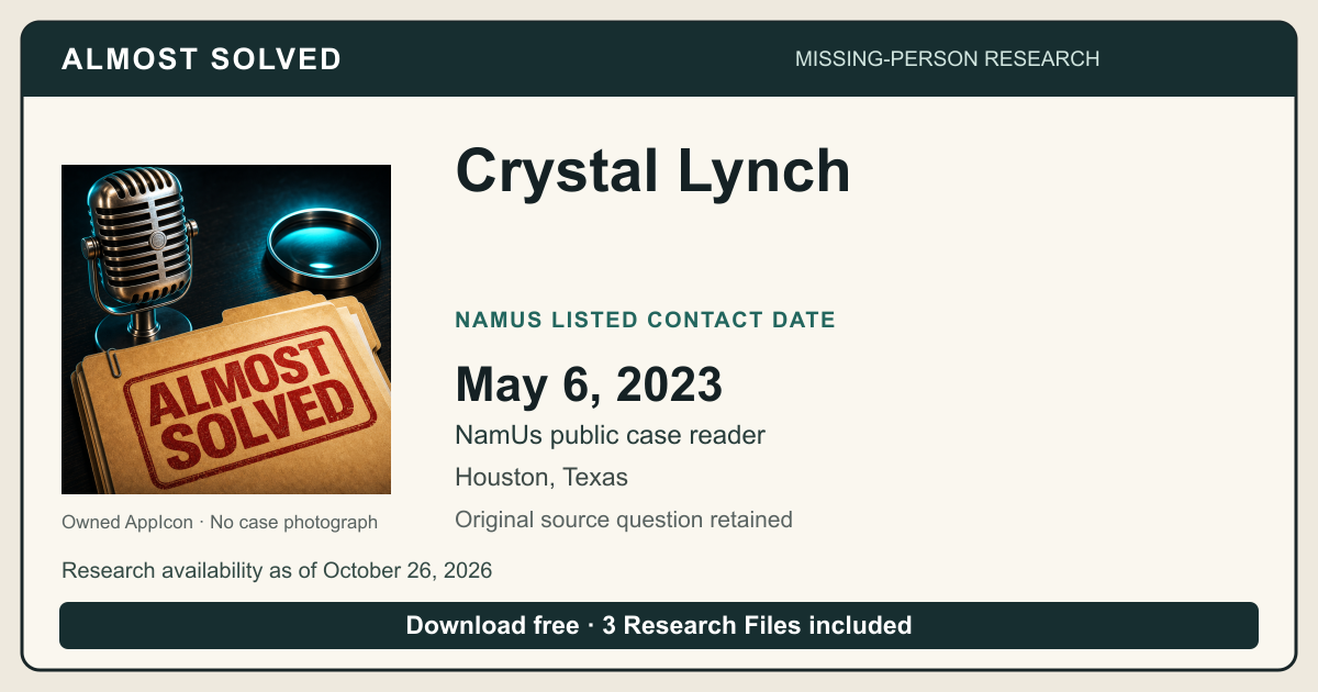 Almost Solved AppIcon beside Crystal Lynch’s NamUs listed contact date, May 6, 2023. No case photograph.