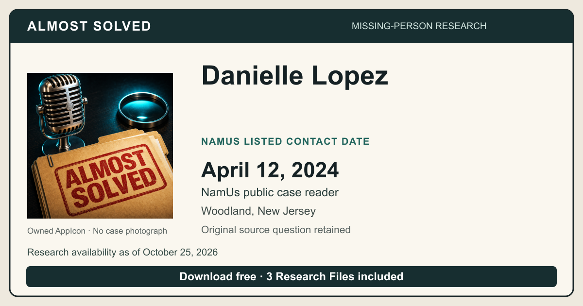 Almost Solved AppIcon beside Danielle Lopez’s NamUs listed contact date, April 12, 2024. No case photograph.