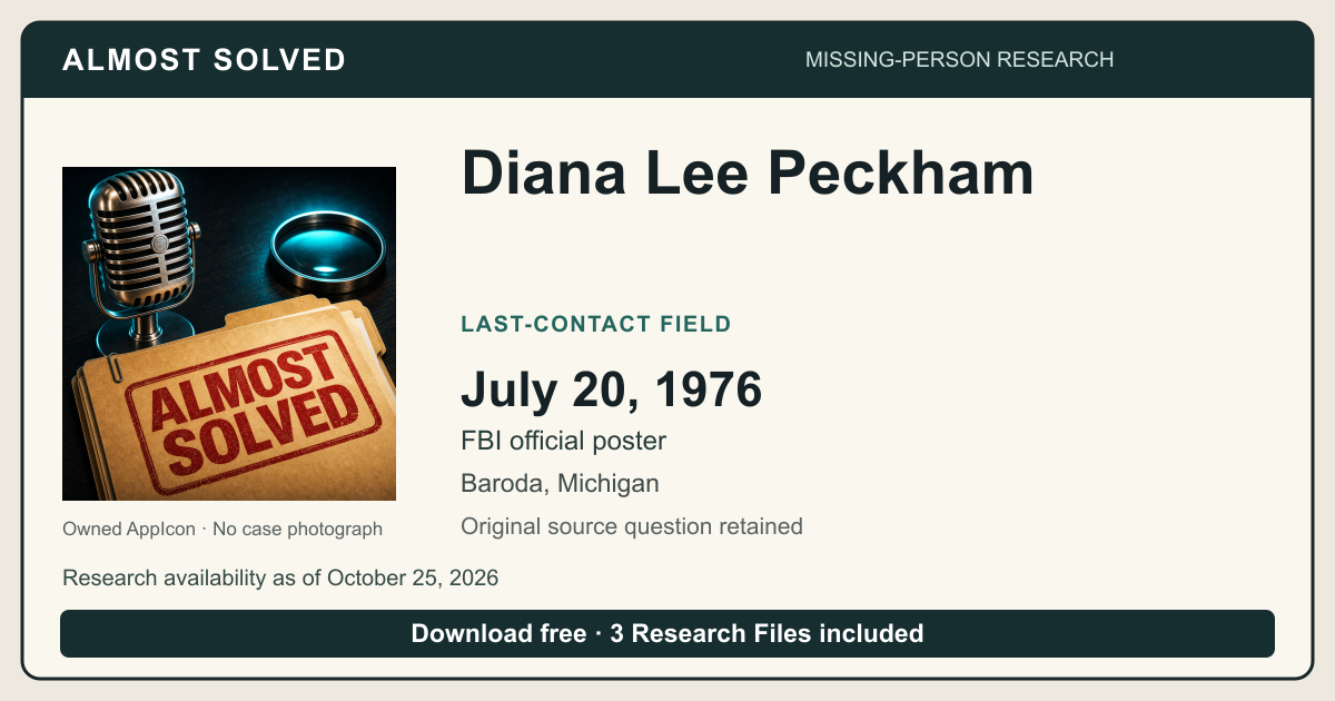 Almost Solved AppIcon beside Diana Lee Peckham’s source-labeled 1976-07-20 date. No case photograph.