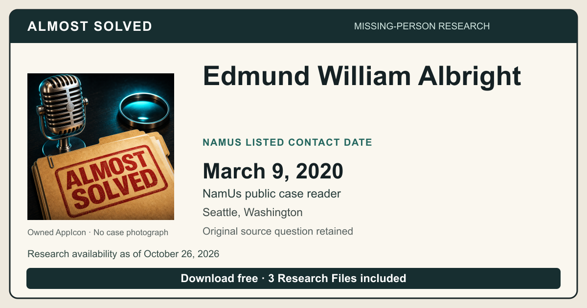 Almost Solved AppIcon beside Edmund William Albright’s NamUs listed contact date, March 9, 2020. No case photograph.