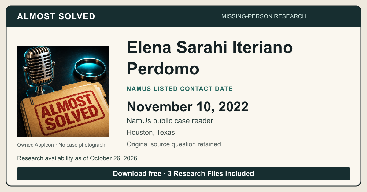 Almost Solved AppIcon beside Elena Sarahi Iteriano Perdomo’s NamUs listed contact date, November 10, 2022. No case photograph.