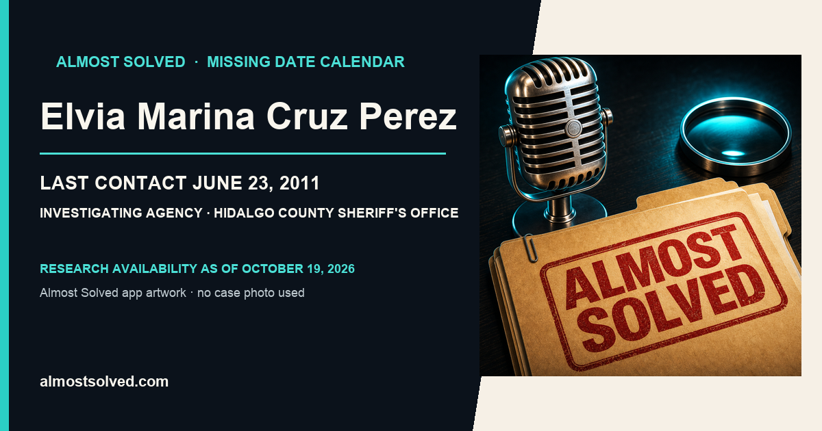 Almost Solved AppIcon beside a NamUs source-based date card for Elvia Marina Cruz Perez; last contact june 23, 2011; investigating agency Hidalgo County Sheriff's Office. No case photo is shown.