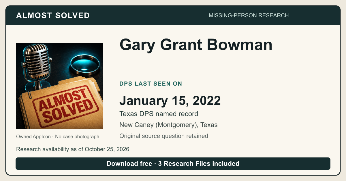 Almost Solved AppIcon beside Gary Grant Bowman’s Texas DPS Last Seen on source date 2022-01-15. No case photograph.