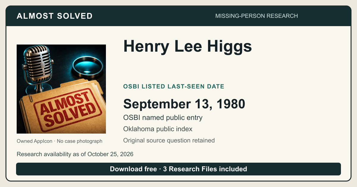 Almost Solved AppIcon beside Henry Lee Higgs’s OSBI printed last-seen date 1980-09-13. No case photograph.