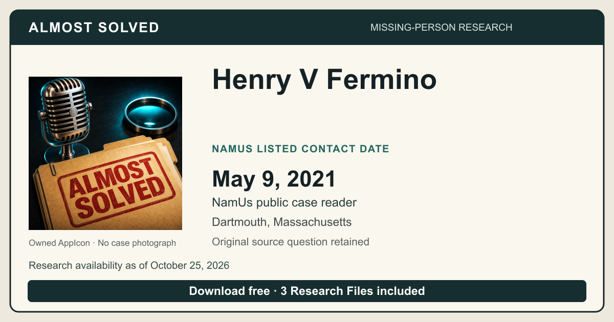 Almost Solved AppIcon beside Henry V Fermino’s NamUs listed contact date, May 9, 2021. No case photograph.
