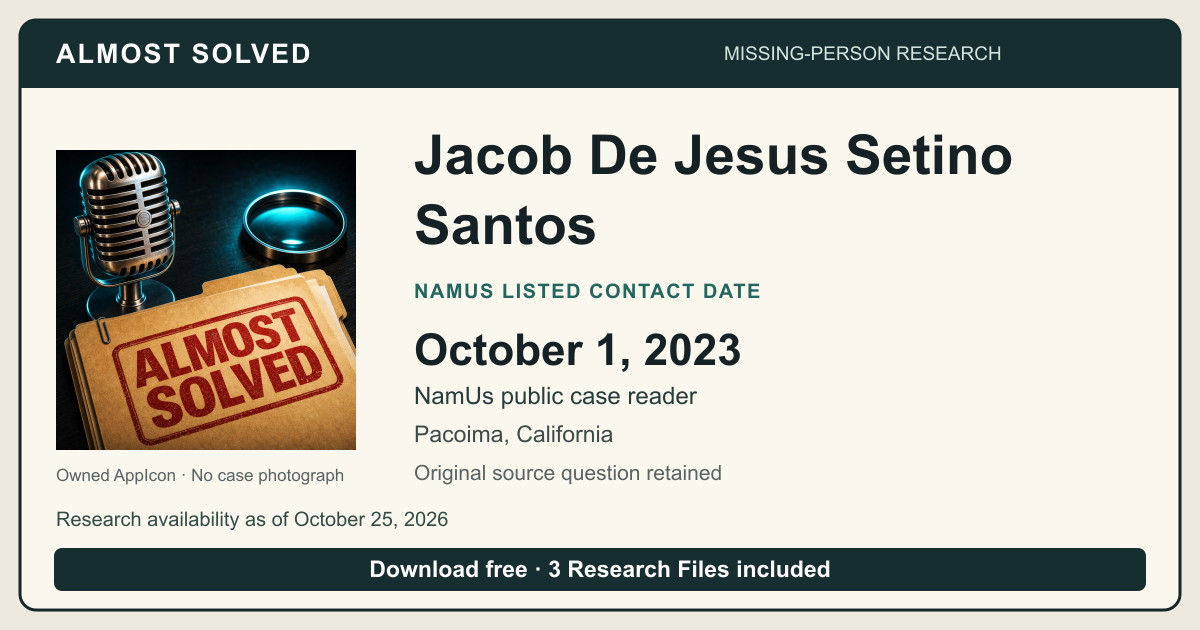 Almost Solved AppIcon beside Jacob De Jesus Setino Santos’s NamUs listed contact date, October 1, 2023. No case photograph.