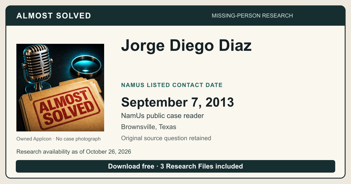 Almost Solved AppIcon beside Jorge Diego Diaz’s NamUs listed contact date, September 7, 2013. No case photograph.
