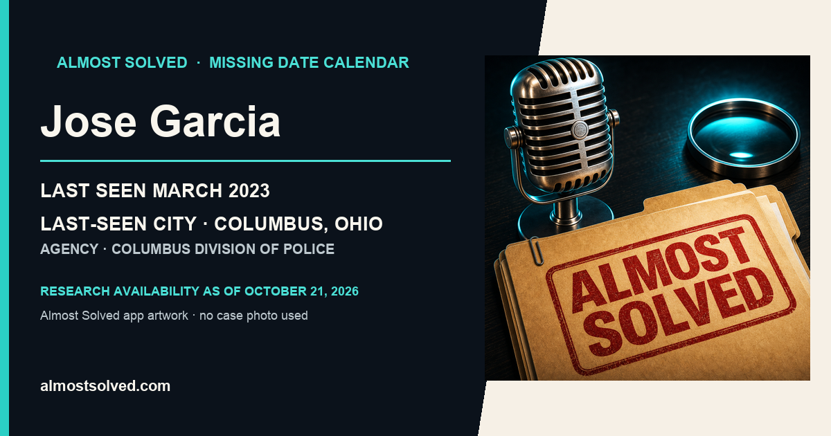 Almost Solved AppIcon beside a source-based card for Jose Garcia, last seen March 2023, last-seen city Columbus, Ohio. No case photo is shown.