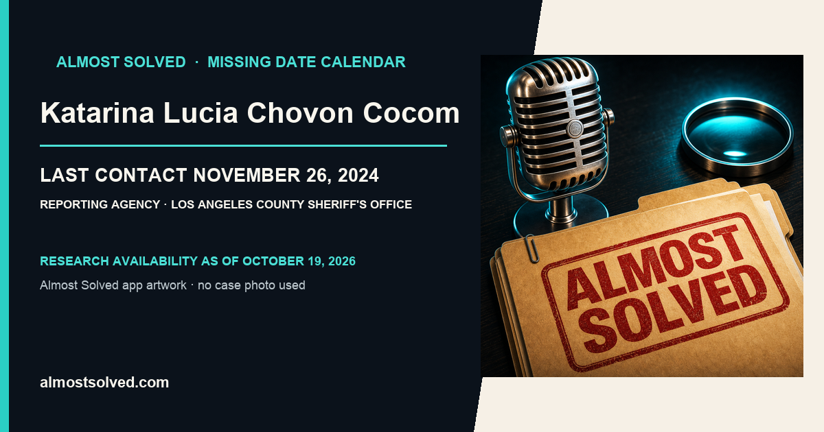 Almost Solved AppIcon artwork beside an official-record card for Katarina Lucia Chovon Cocom, last contact november 26, 2024, reporting agency Los Angeles County Sheriff's Office.