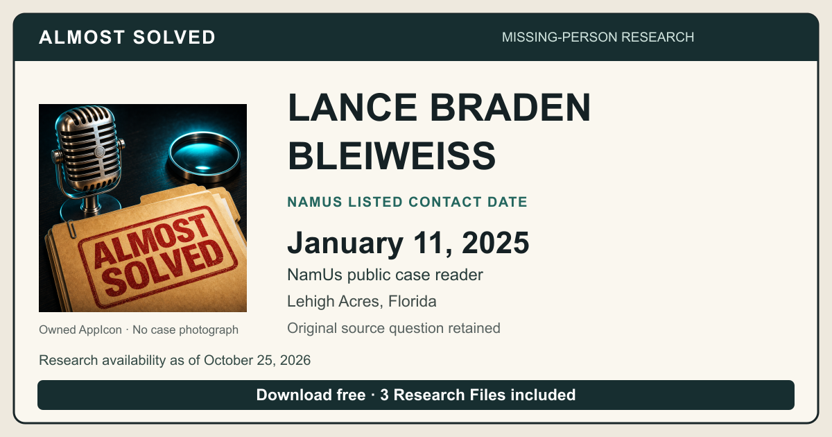 Almost Solved AppIcon beside LANCE BRADEN BLEIWEISS’s NamUs listed contact date, January 11, 2025. No case photograph.