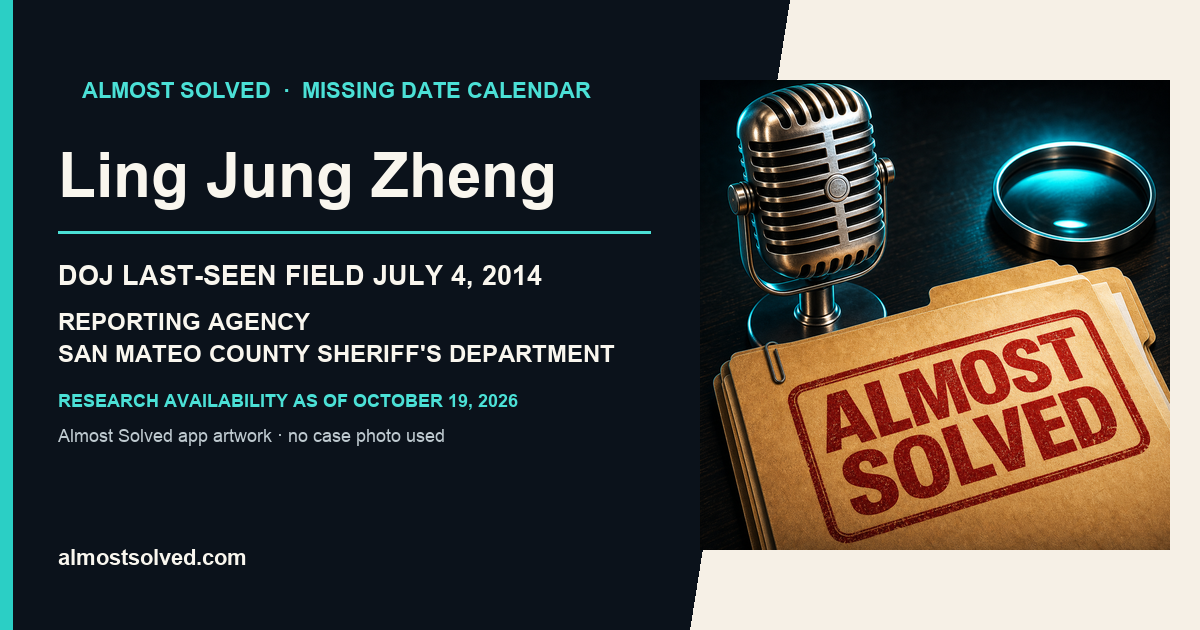 Almost Solved AppIcon artwork beside an official-record card for Ling Jung Zheng, doj date last seen field july 4, 2014, reporting agency San Mateo County Sheriff's Department.