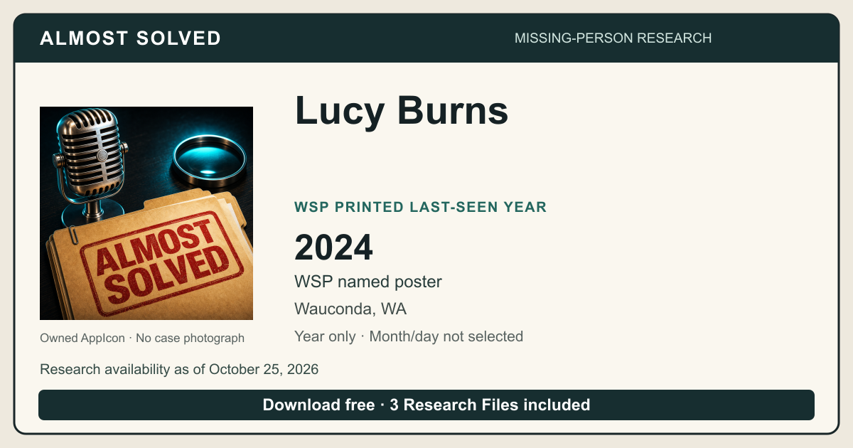 Almost Solved AppIcon beside Lucy Burns’s WSP printed Last seen year 2024. Month and day are not selected. No case photograph.