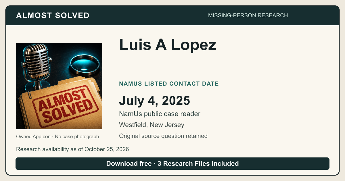 Almost Solved AppIcon beside Luis A Lopez’s NamUs listed contact date, July 4, 2025. No case photograph.