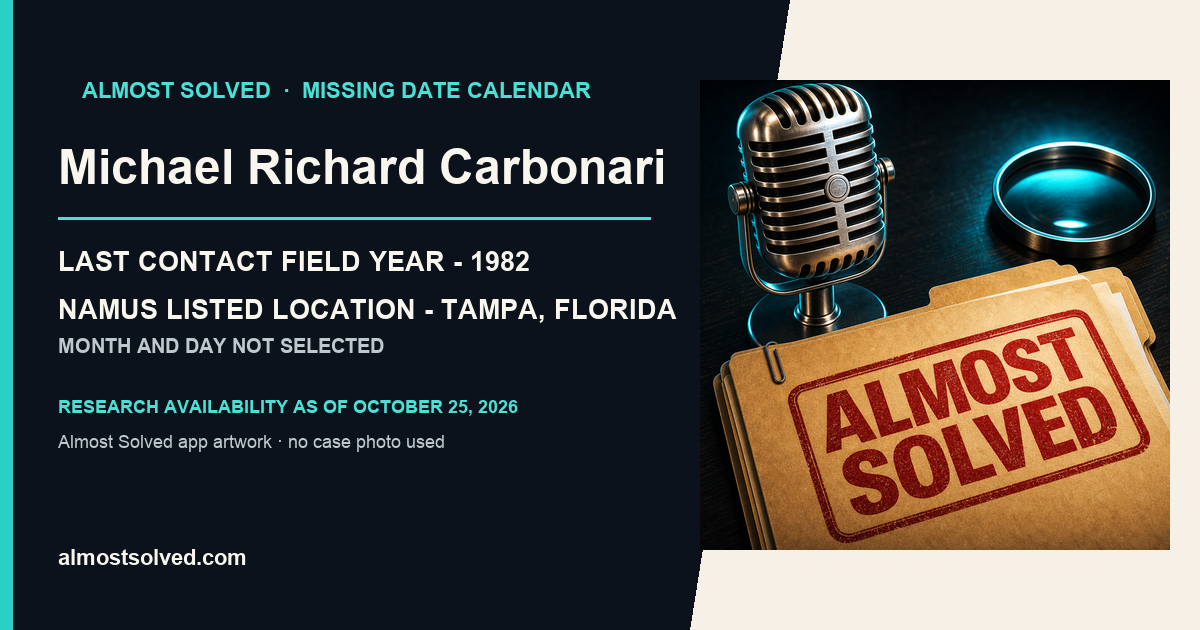 Owned Almost Solved AppIcon card for Michael Richard Carbonari; NamUs last-contact field year 1982; month and day not selected; no case photograph.