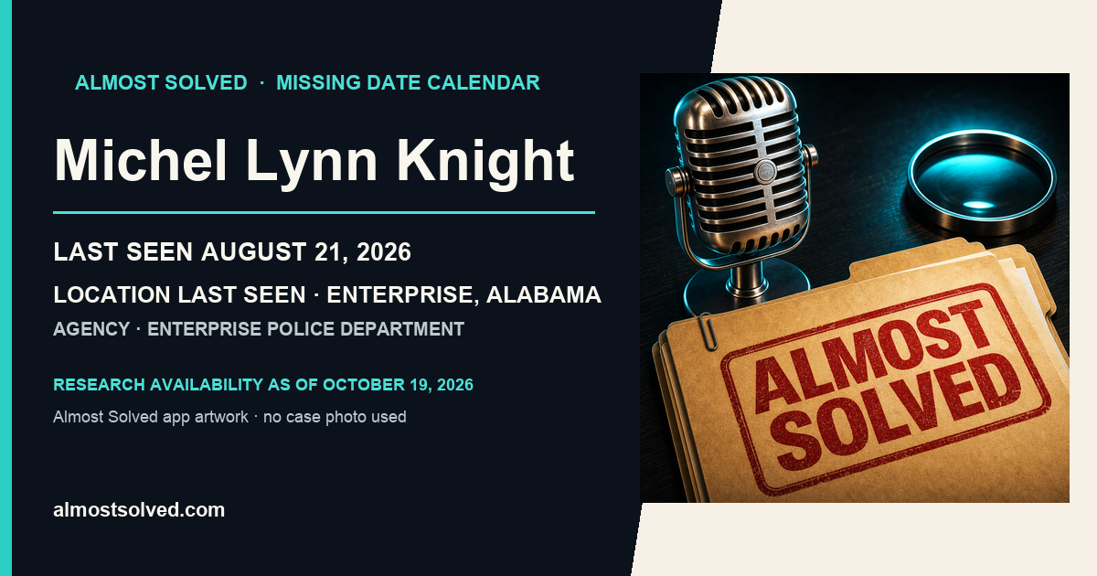 Almost Solved AppIcon artwork beside an official-record card for Michel Lynn Knight, last seen August 21, 2026, location last seen Enterprise, Alabama.