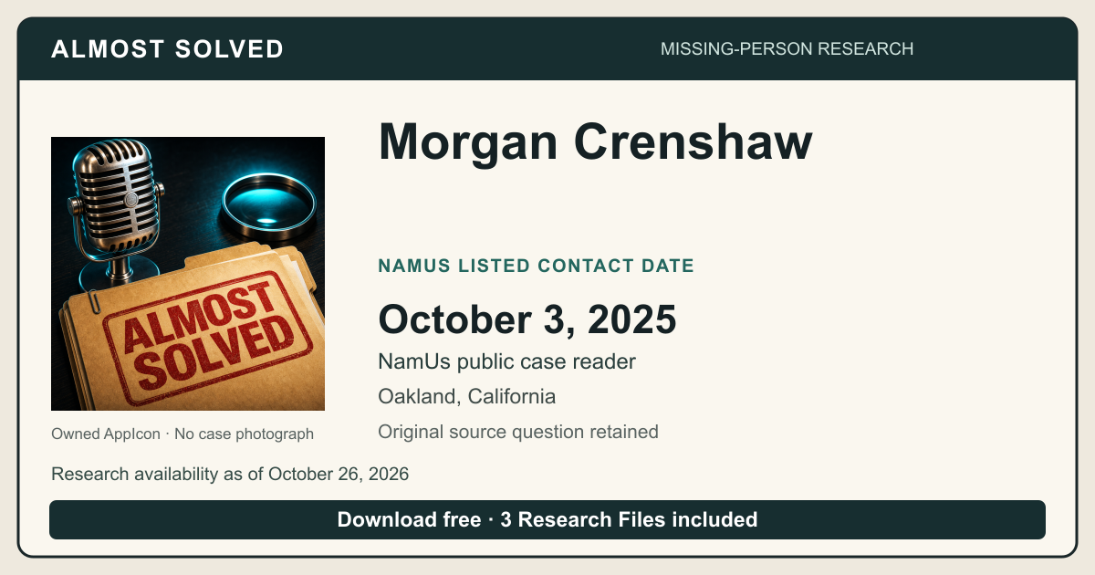 Almost Solved AppIcon beside Morgan Crenshaw’s NamUs listed contact date, October 3, 2025. No case photograph.