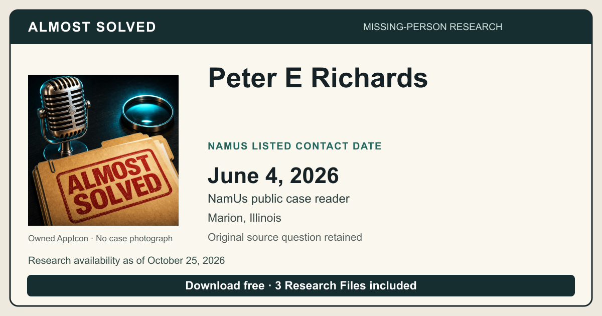 Almost Solved AppIcon beside Peter E Richards’s NamUs listed contact date, June 4, 2026. No case photograph.
