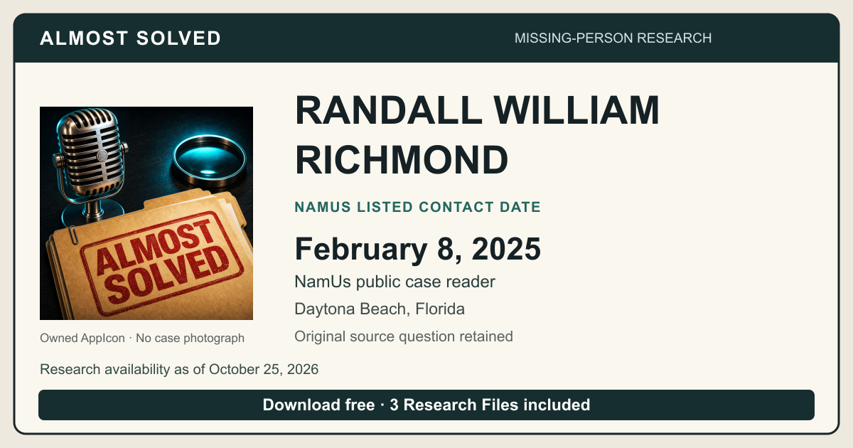 Almost Solved AppIcon beside RANDALL WILLIAM RICHMOND’s NamUs listed contact date, February 8, 2025. No case photograph.