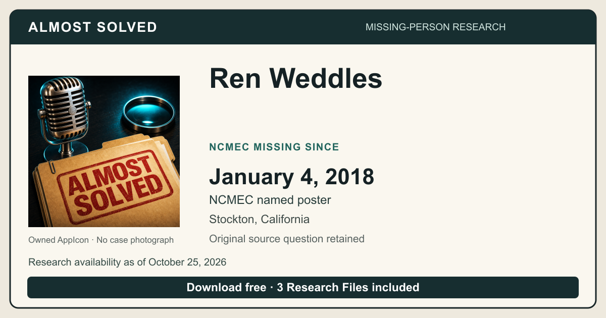 Almost Solved AppIcon beside Ren Weddles’s NCMEC Missing Since date 2018-01-04. No case photograph.