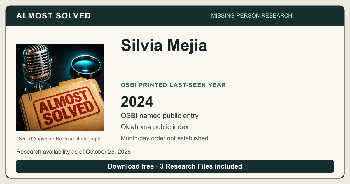 Almost Solved AppIcon beside Silvia Mejia’s OSBI printed last-seen year 2024. No case photograph.