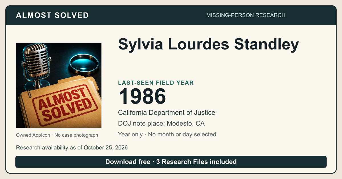 Almost Solved AppIcon and Sylvia Lourdes Standley’s source-based last-seen field year 1986; no month or day selected. No case photograph.