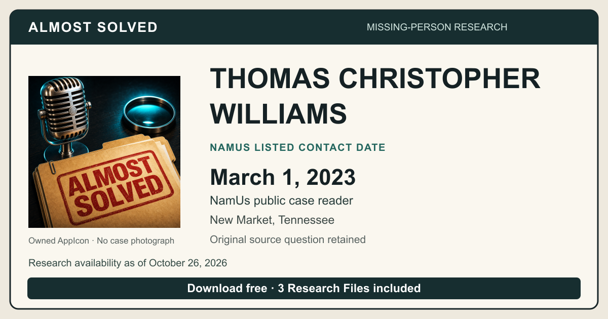 Almost Solved AppIcon beside THOMAS CHRISTOPHER WILLIAMS’s NamUs listed contact date, March 1, 2023. No case photograph.