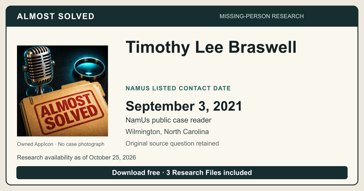 Almost Solved AppIcon beside Timothy Lee Braswell’s NamUs listed contact date, September 3, 2021. No case photograph.