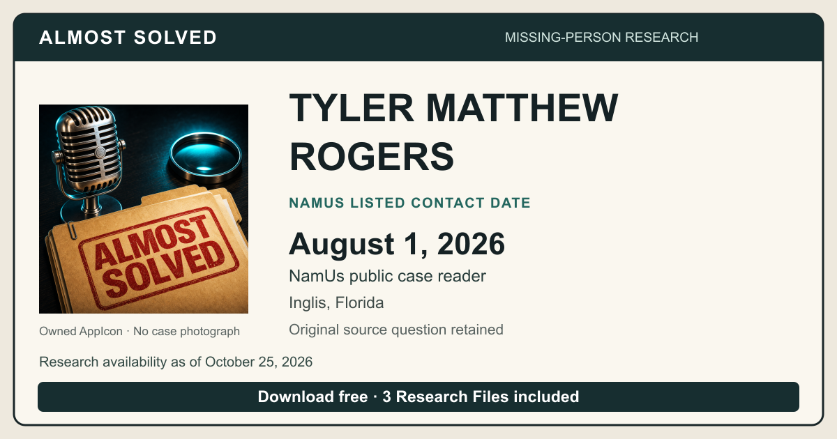 Almost Solved AppIcon beside TYLER MATTHEW ROGERS’s NamUs listed contact date, August 1, 2026. No case photograph.
