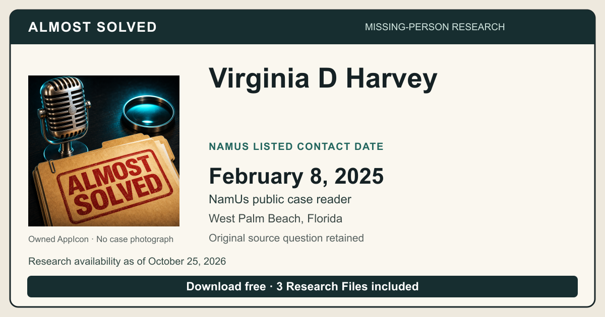 Almost Solved AppIcon beside Virginia D Harvey’s NamUs listed contact date, February 8, 2025. No case photograph.