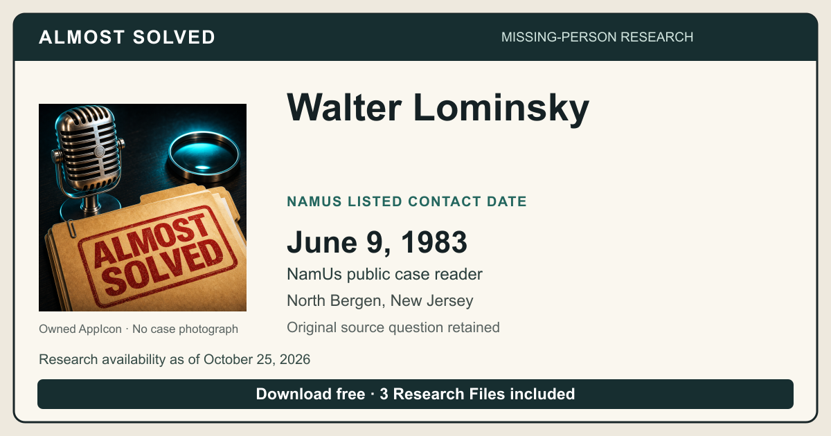 Almost Solved AppIcon beside Walter Lominsky’s NamUs listed contact date, June 9, 1983. No case photograph.