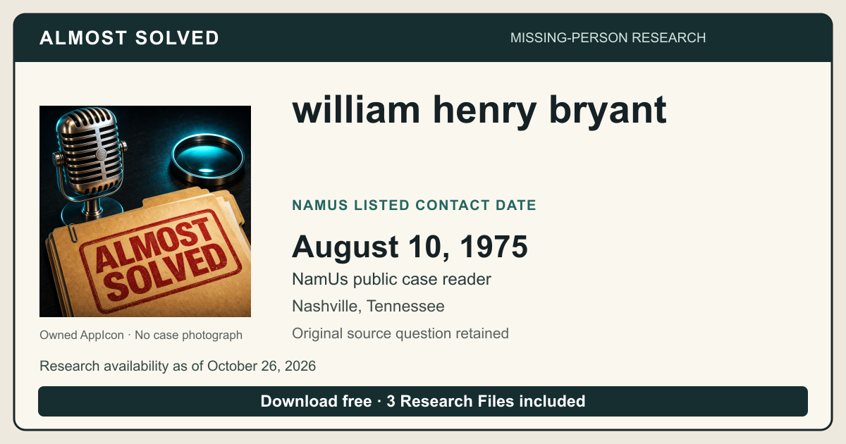Almost Solved AppIcon beside william henry bryant’s NamUs listed contact date, August 10, 1975. No case photograph.