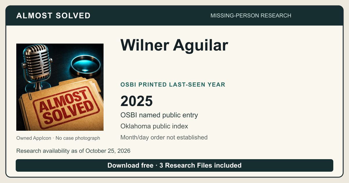 Almost Solved AppIcon beside Wilner Aguilar’s OSBI printed last-seen year 2025. No case photograph.